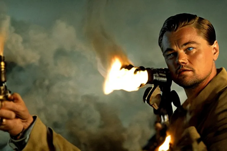 Prompt: leonardo dicaprio using a flamethrower on the nazis, movie still, cinematic, lens flare, directed by quentin tarantino