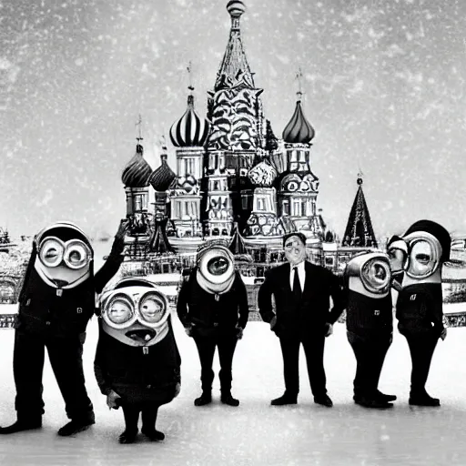 Image similar to minions from the movie despicable me with joseph stalin, with a background of the kremlin in snow, sepia tone picture, black and white photo