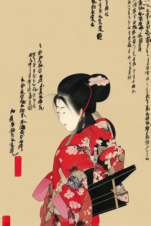 Image similar to portrait of a long haired woman wearing a red kimono playing a biwa in traditional japanese house, feudal japan, delicate, detailed long black hair, detailed flower pattern kimono, elegant, anime key visual, fukaya yuichiro