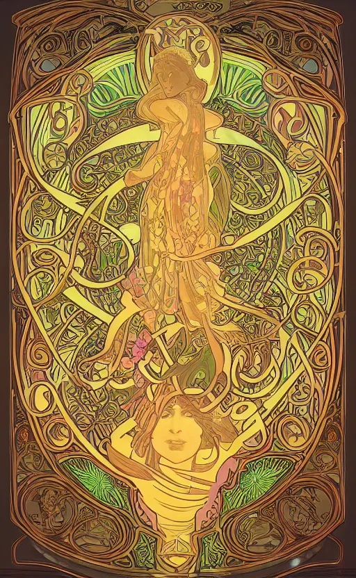 Prompt: code : art nouveau, alphonse mucha, glowing, runes, neon, pastel, floral print pattern, epic, 3 ds max + v - ray, deep depth of field, elegant, dark background, symmetrical, extremely detailed