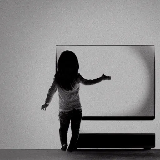 Prompt: creepy girl climbing out of the TV into a dark living, in the style of The Ring, found footage, VHS, film grain, cursed