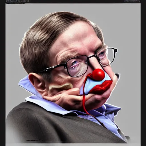 Prompt: UHD hyperrealism painting of Stephen Hawking wearing accurate clown makeup, clown costume, and correct clown face, by Antonio Caparo and Ferdinand Knab and Greg Rutkowski, UHD, photorealistic, trending on artstation, trending on deviantart, correct face, realistic clown makeup