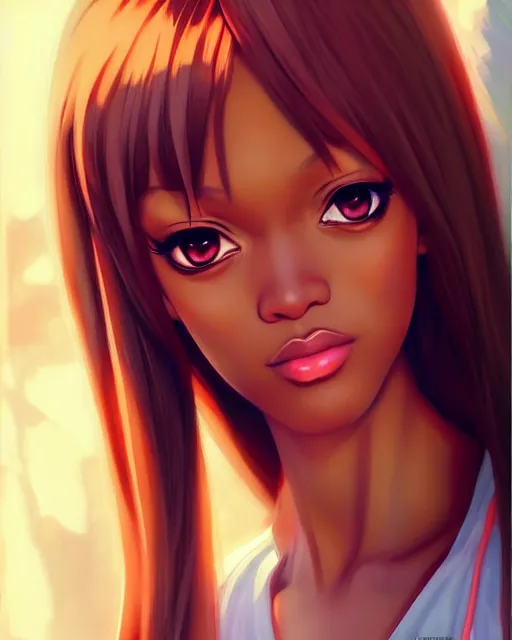 Image similar to portrait of Tyra Banks as Anime girl cute-fine-face, full body! pretty face, realistic shaded Perfect face, fine details. Anime. realistic shaded lighting by Ilya Kuvshinov Giuseppe Dangelico Pino and Michael Garmash and Rob Rey