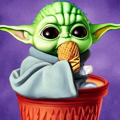 Image similar to baby yoda riding a horse and eating an ice cream