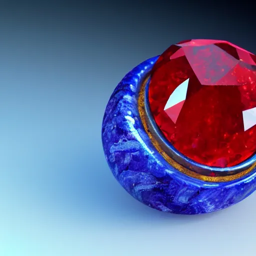 Image similar to octane render : intricate, precision, meticulously carved hyperdetailed ruby crystal, floating on a dripping stream of molten gold that is being filtered through a brilliant blue satin marbled sheet in infinite time. 8 k resolution, 8 k 3 d, photorealistic.