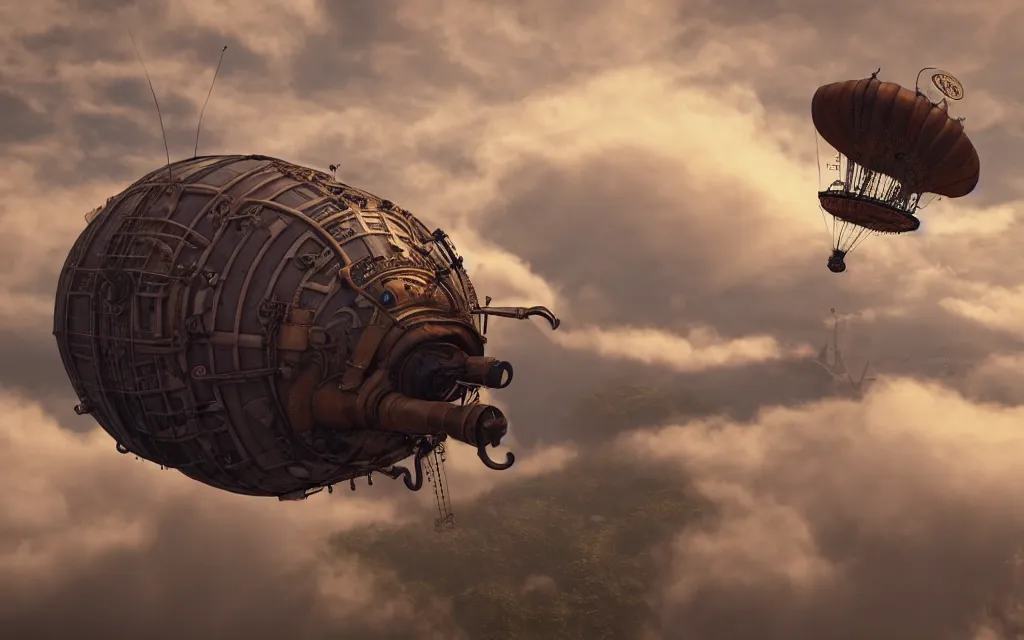 Image similar to steampunk dirigible floating between swirling clouds. photorealistic. 8 k, unreal engine. haze. rococo style