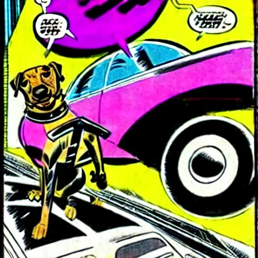 Image similar to dog driving a car by jack kirby, new gods comic book cover