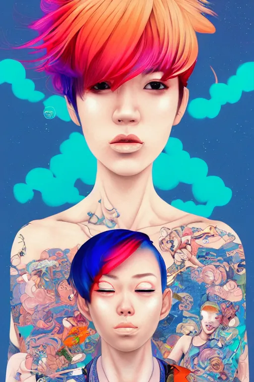 Image similar to a award winning half body portrait of a beautiful woman in a croptop and cargo pants with ombre orange blue teal hairstyle with head in motion and hair flying by yoshii chie and hikari shimoda and martine johanna and will eisner, outrun, vaporware, digital art, trending on artstation, highly detailed, fine detail, intricate