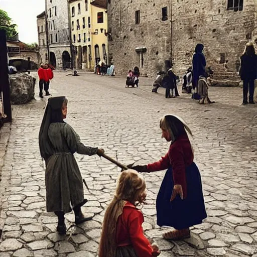 Prompt: “medieval childs playing in the town”