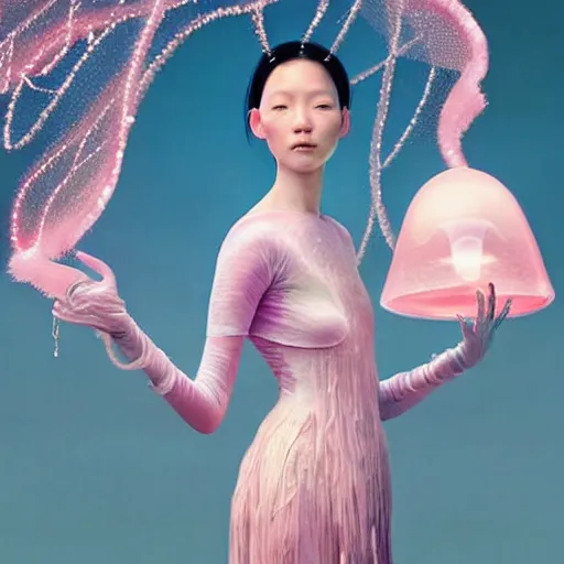 Image similar to asian female wearing luminous jelly fish armor. soft, fragile. by ray caesar. by louise dahl - wolfe. by andrea kowch. by anna claren. surreal photography