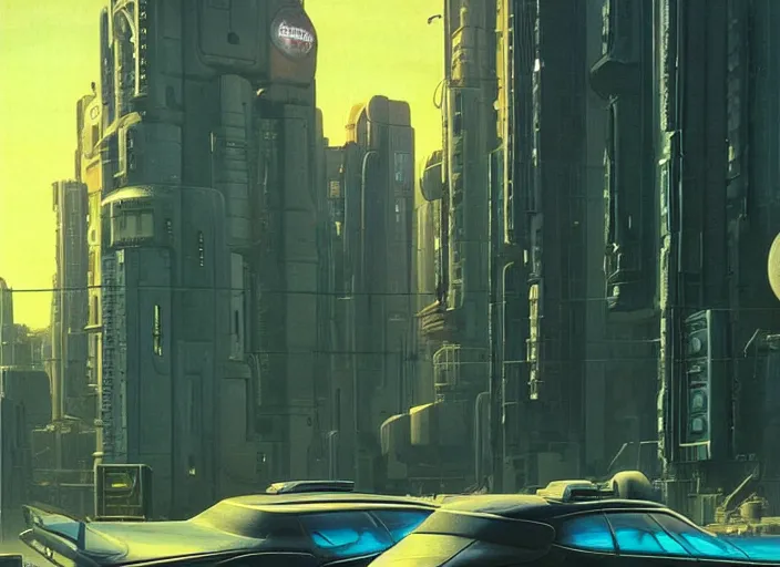 Image similar to a car driving down a street next to tall buildings, cyberpunk art by Chesley Bonestell, cgsociety, retrofuturism, matte painting, reimagined by industrial light and magic