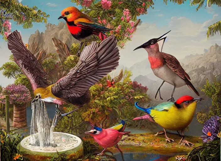 Image similar to colorful birds at the bird bath, lowbrow, matte painting, 3 - d highly detailed, style of greg simkins r,