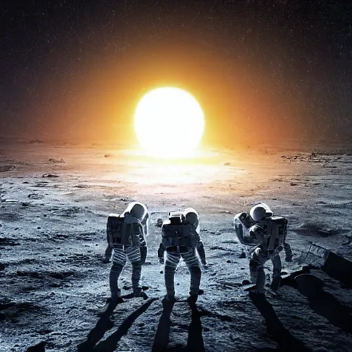 Image similar to end of astronauts journey on a moon, with a solar eclipse in the background, dystopian, highly detailed, dramatic, digital 4 k