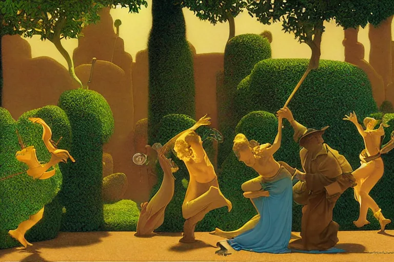 Image similar to a fantasy courtyard scene with dancing frogs, digital painting by maxfield parrish and michael whelan, photorealistic