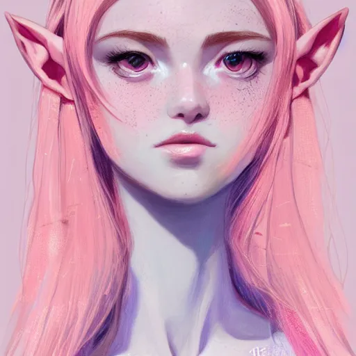 Image similar to girl portrait, elven princess, head and shoulders, matte print, pastel pink, digital art, cute freckles, digital painting, fan art, elegant, pixiv, by Ilya Kuvshinov, daily deviation, IAMAG