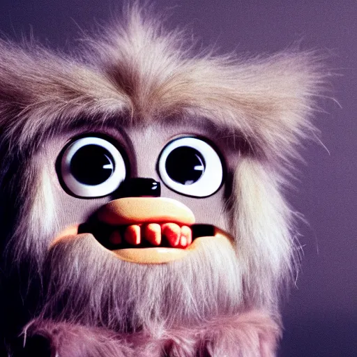 Prompt: uncanny furby, vintage photo, unsettling, too many teeth, cute but horrifying, david lynch, dark background, cinematic, high - resolution