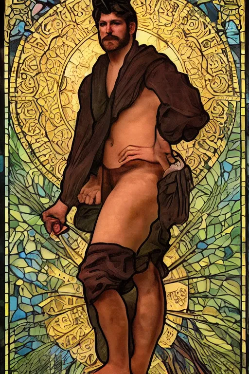 Prompt: tarot card of a handsome shirtless cowboy | dad bod, homoerotic, art deco, art nouveau | by louis comfort tiffany and ( ( ( ( ( alphonse mucha ) ) ) ) | trending on artstation