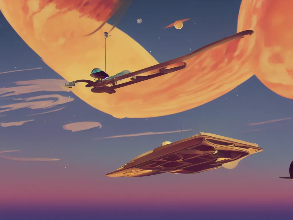 Prompt: A man flying off into the Saturn sunset on an small hovercraft over a small space colony by Edward Hopper and James Gilleard, 8k, octane render, ultra sharp, detailed digital art