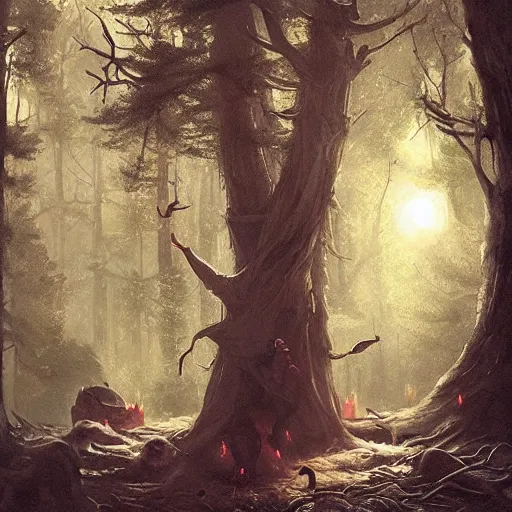 Image similar to witch performing a ritual in a dark forest painted by Greg Rutkowski