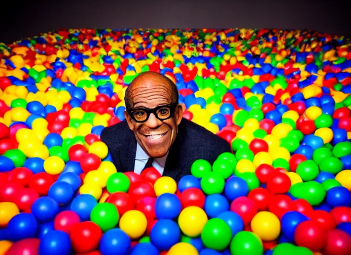 Image similar to photo still of al roker in a ball pit!!!!!!!! at age 4 6 years old 4 6 years of age!!!!!!!! hiding from parents, 8 k, 8 5 mm f 1. 8, studio lighting, rim light, right side key light