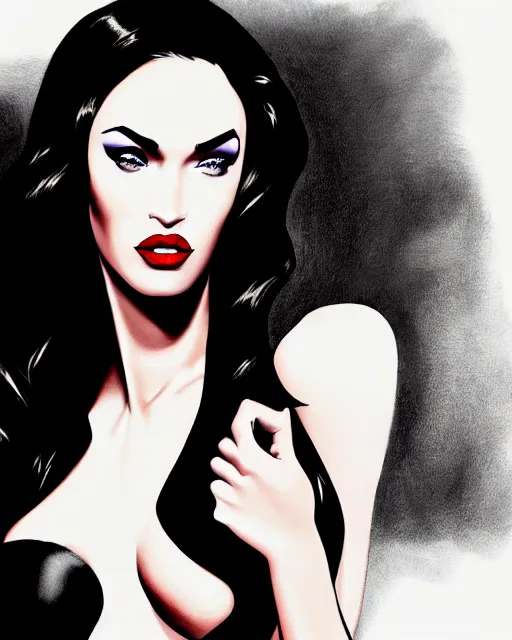 Image similar to closeup portrait beautiful seductive megan fox with long windblown hair in a black party dress, red lipstick, glamour pose, detailed illustration, digital art, trending on artstation, arney freytag, frank miller, moebius, graffiti, gta 5,