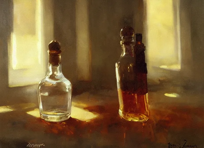 Prompt: oil painting of whiskey bottle, art by anders zorn, wonderful masterpiece by greg rutkowski, beautiful cinematic light, american romanticism by greg manchess, reflections in copper, sunlight, dust and steam