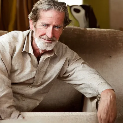 Prompt: cozy wide picture of older handsome lord richard is sitting gracefully on a sofa, his eyes look wise, happy wise. he has bouncy belly, oh he is a human by the way, wear's beige shirt