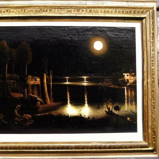 Image similar to moonlit lake by caravaggio, photorealistic,