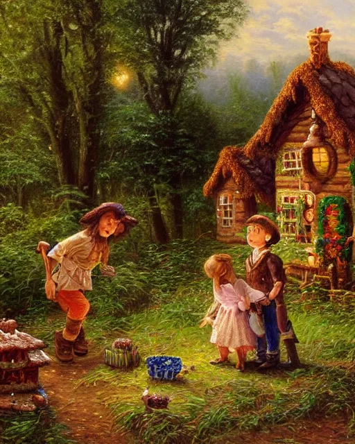 Image similar to an oil painting of a young, poor peasant brother and sister lost in the forest, with a witch's gingerbread house coverd in candy, by thomas kincade, ivan shiskin, and james gurney