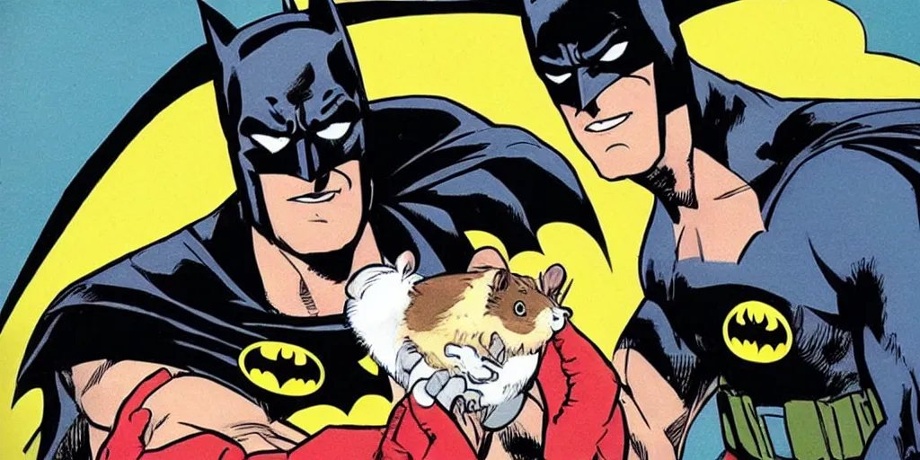 Image similar to Batman posing with a hamster, comic book style