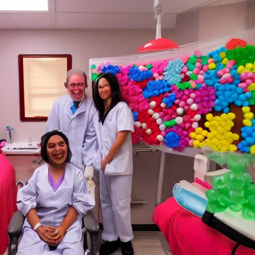 Image similar to photo of a happy patient and doctor or nurse in a hospital room made out of soft candy, candy hospital equipment, candy hospital room, candy treatments, oompa loompa virus, willy wonka pandemic