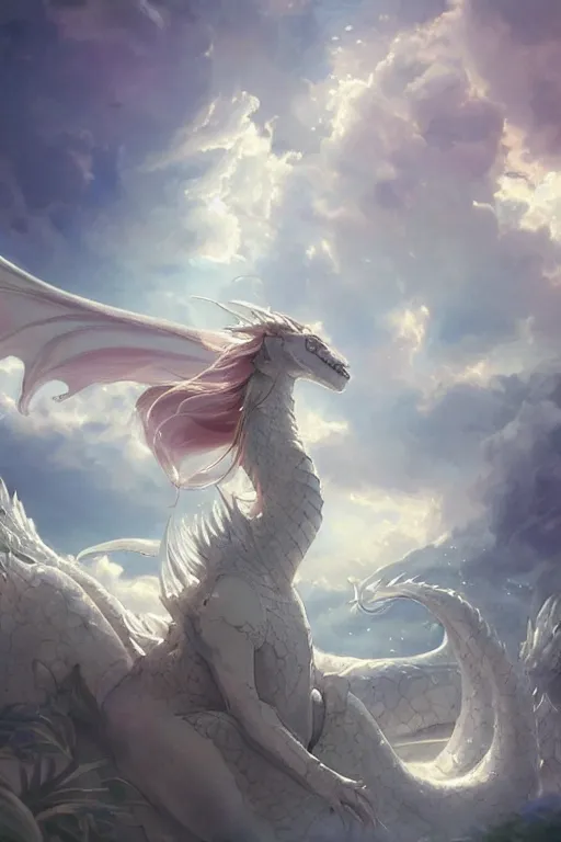 Image similar to beautiful scene render that a princess ride on a huge silver white dragon back, finely detailed angelic face delicate features, in the fairyland surrounded by white clouds, perfectly shaded, atmospheric lighting, style of makoto shinkai and peter mohrbacher, studio ghibli. artgerm, karol bak, beeple, animation style, 8 k hd, hyper detailed