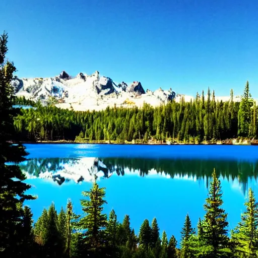 Prompt: a lake surrounded by pine trees with mountains in the background in the style of Bob Ross