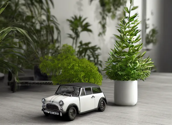 Image similar to a small miniature of a Mini Cooper S 1963 on a white table near a vase with a plant, 3d render, octane render, unreal engine 5, path tracing, serene landscape, calm, relaxing, beautiful landscape, highly detailed, high quality, 4k, symmetrical, low contrast