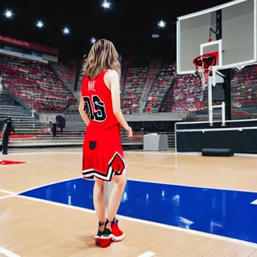 Image similar to woman on a basketball court in a chicago bulls jersey