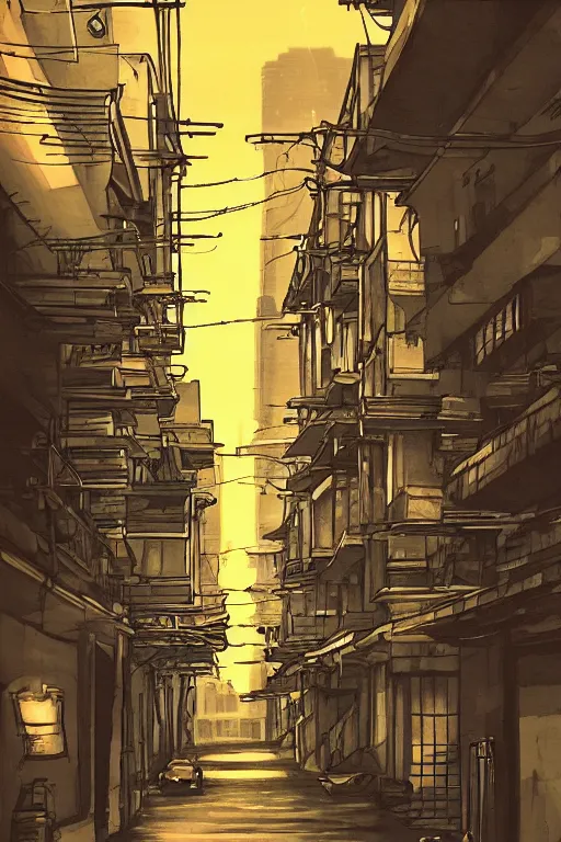 Prompt: backlane alley with kuala lumpur twin towers in the background, evening, studio ghibli, artstation