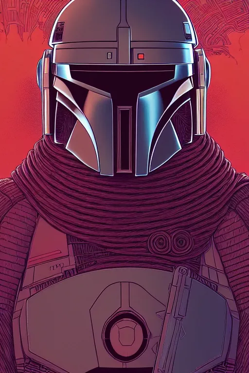 Image similar to closeup potrait of the mandalorian, intricate, volumetric lighting, moebius, geof darrow, frank miller, dan mumford, detailed illustration, digital art, victo ngai, kilian eng, vector art