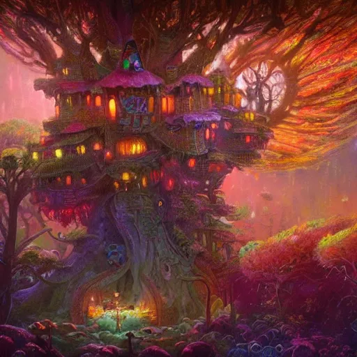 Image similar to detailed concept colorful fantasy painting of a transcendental treehouse, artwork by Paul Lehr and Lexander Jansson, framed focus, cinematic lighting, hyperdetailed, 8k, high resolution, insanely detailed and intricate, octane render