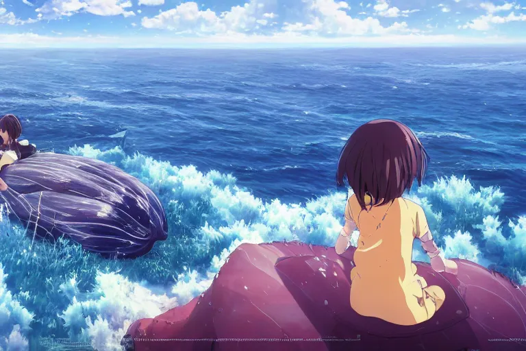 Prompt: a vast scene, panorama distant view, anime art full body portrait character concept art, hyper detailed scene render of the girl sat on the back of the whale, anime key visual of children of the sea, finely detailed perfect face, on the sea, makoto shinkai, violet evergarden, studio ghibli, james jean, hayao miyazaki, extremely high quality artwork