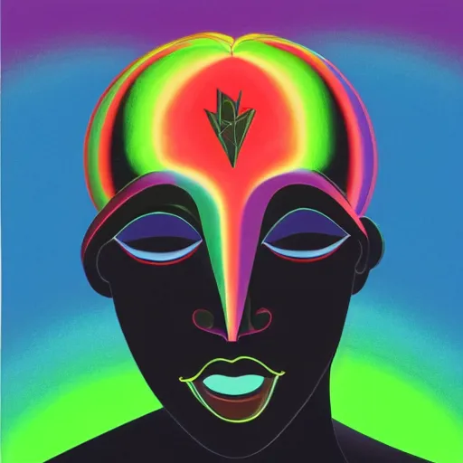 Image similar to a black woman with yellow eyes and a dark rainbow background, gouache painting by tomokazu matsuyama, by ed paschke, by agnes pelton, by patrick nagel, behance contest winner, generative art, irridescent, holography, neon, dark art, retrowave, grain, black background