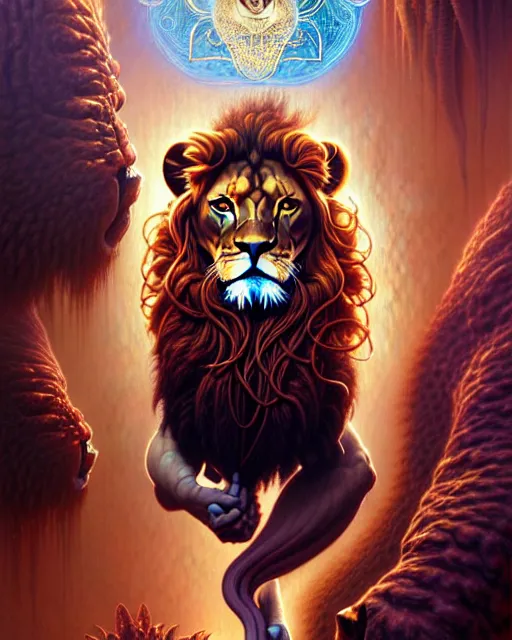 Image similar to a person and a lion tarot card, fantasy character portrait made of fractals, ultra realistic, wide angle, intricate details, the fifth element artifacts, highly detailed by peter mohrbacher, hajime sorayama, wayne barlowe, boris vallejo, aaron horkey, gaston bussiere, craig mullins