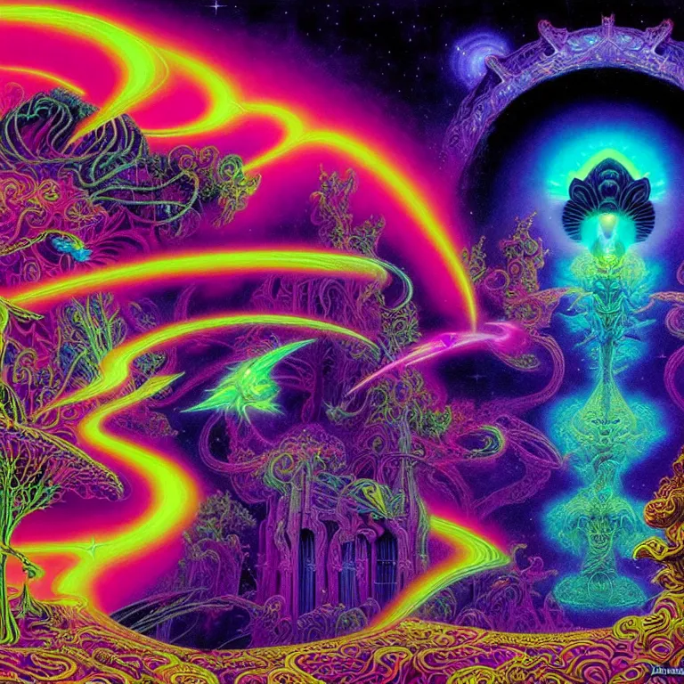 Image similar to mysterious cosmic kitten hovering over haunted mystical temple, infinite hallucinogenic fractal waves, # f 2 2 2 ff # 8 c 1 eff synthwave, bright neon colors, highly detailed, cinematic, eyvind earle, tim white, philippe druillet, roger dean, ernst haeckel, lisa frank, aubrey beardsley, kubrick