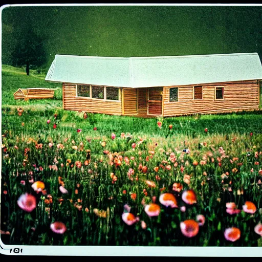 Image similar to vhs 1 9 8 0 s footage of a scene from the movie midsommar, center of screen a - line shaped wooden cabin on fire center of screen, field of flowers