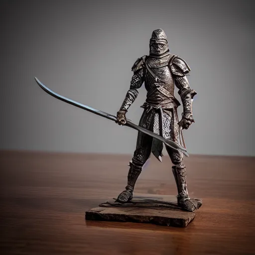 Prompt: 3 d printed fantasy miniature figure warrior on a wooden table photography realistic, detailed