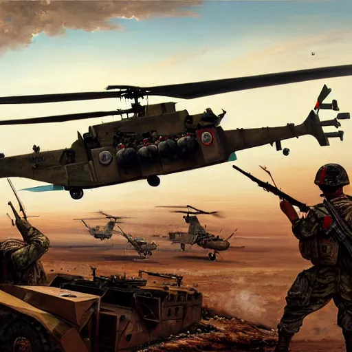 Image similar to a painting of soldiers taking down a helicopter using a rocket launcher in the gulf war by Bernardo Bellotto, high detail, hyperrealistic, concept art, artstation, 8k