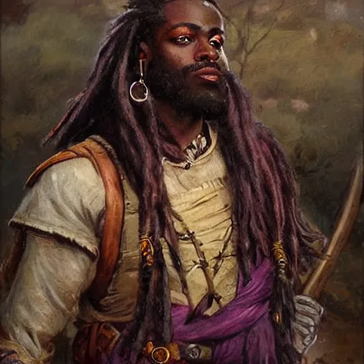 Image similar to a medieval hunter with african ethnicity and dreadlocks, plum color scheme, fantasy character portrait by gaston bussiere