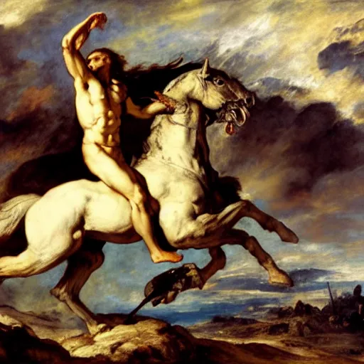 Prompt: bellerophon facing the chimera by eugene delacroix, masterpiece 4 k digital, highly detailed, trending on artstation, award winning