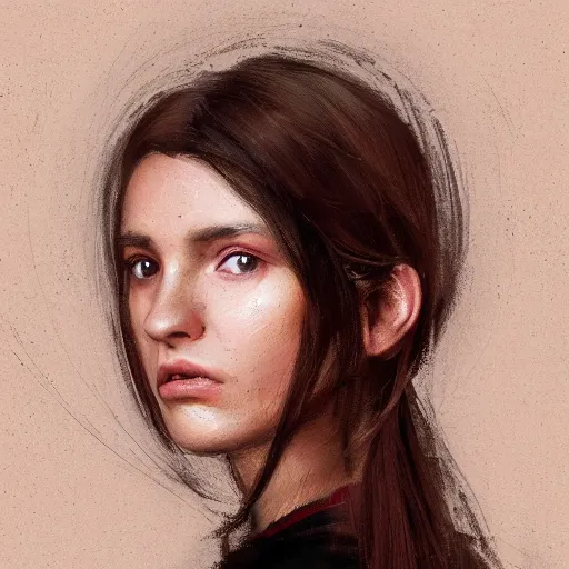 Image similar to Portrait of a woman by Greg Rutkowski, she is about 20 years old, brown long and straight hair, pretty oval face, attractive, her features are a mix between german and turkish, tall and slim, smart looking, she is wearing utilitarian red and black jumpsuit, highly detailed portrait, digital painting, artstation, concept art, smooth, sharp foccus ilustration, Artstation HQ.