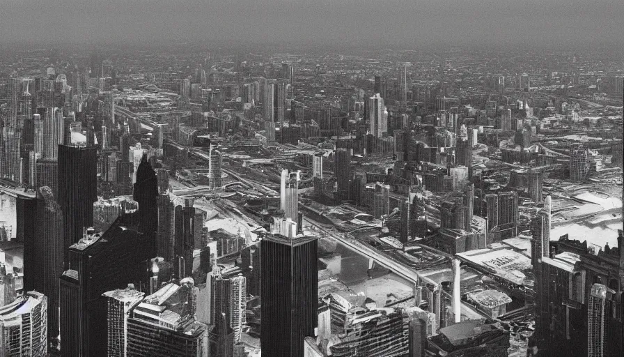 Prompt: art deco sports stadium on top of a skyscraper, Stacked city, Chicago, dark city, olympics event 1930's, moody lighting, cinematic, upshot, Road to Perdition stillframe, starring Jennifer Connely