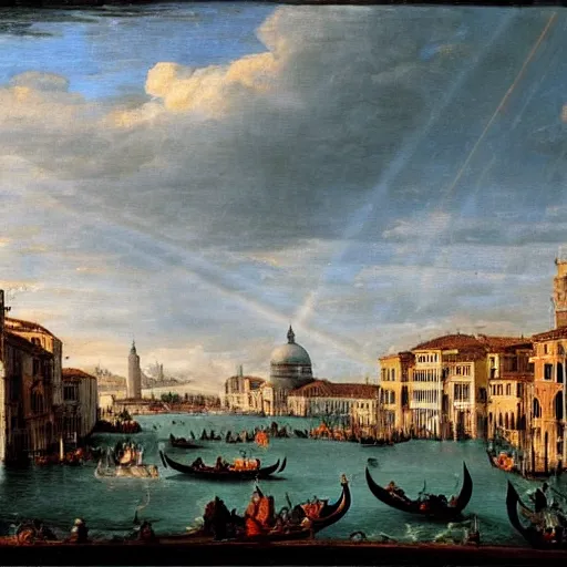 Prompt: a view of venice in 1630, highly realistic, atmospheric lighting, serene, cinematic, god rays, renaissance buildings in background